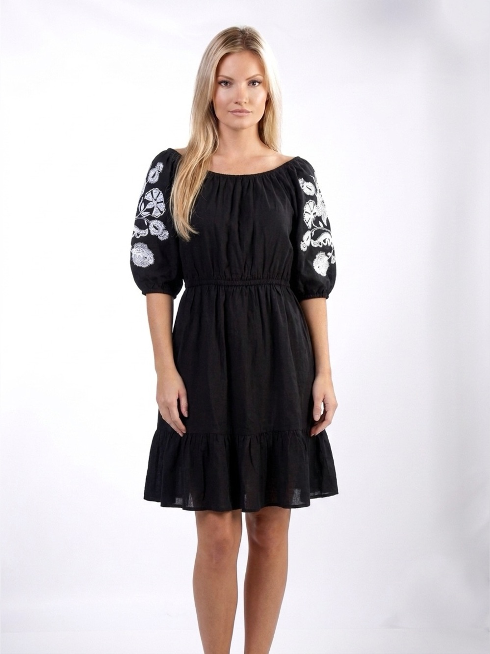 NWT Knox Rose Black Embroidered Puff Sleeve Boho Mini Dress Small